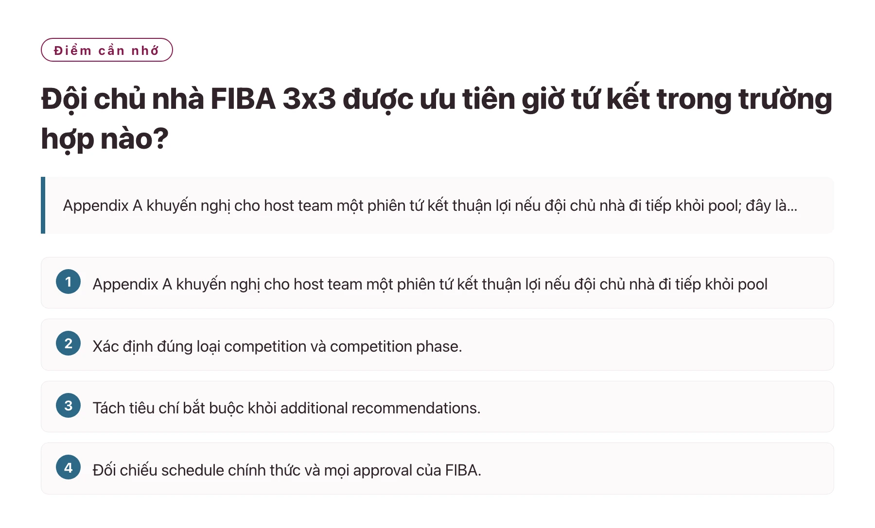 Đội chủ nhà FIBA 3x3 được ưu tiên giờ tứ kết trong trường hợp nào?——全文要点速览